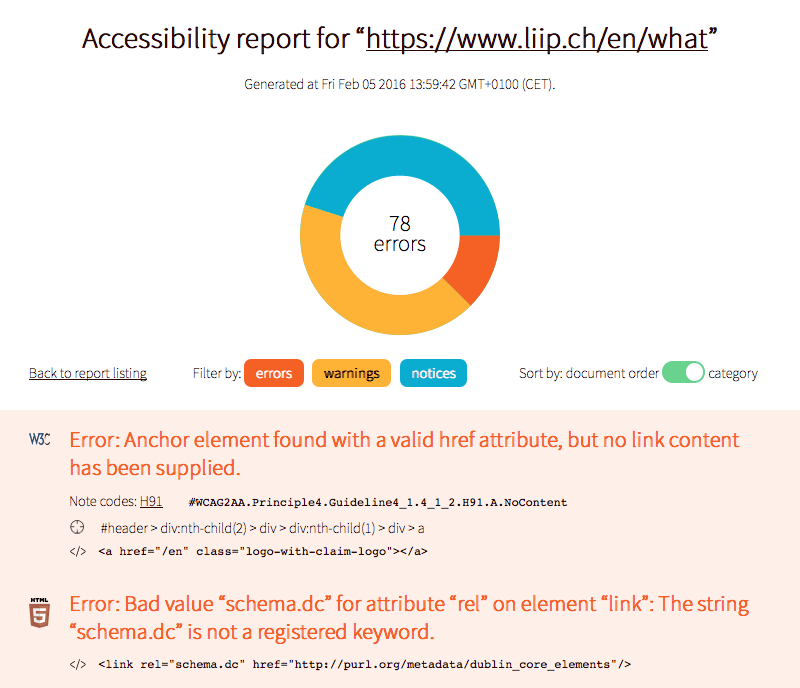 A typical report generated by a11ym