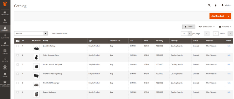 Magento catalog product grid