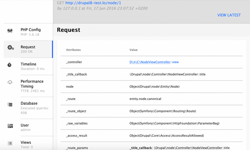 Webprofiler - details of a page request