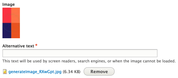 A screenshot showing that the alternative text is required when uploading an image in Drupal 8.