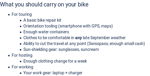 A list of biking gear to take, from the Liip wiki