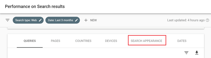 Where to find the dimension search appereance in the search console