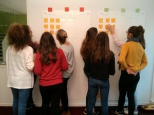 Divisée en deux groupes, les filles évaluent et estiment les tâches écrites sur des post-its pendant la journée futur en tous genres