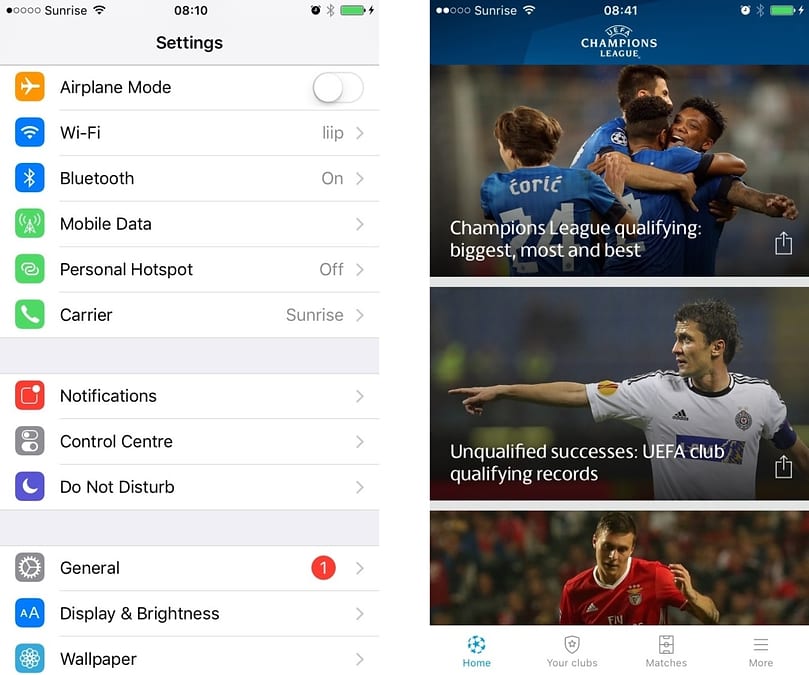 On the left is a list using standard Apple iOS visual components, and on the right the example of the UEFA Champions League mobile app with a custom list view.