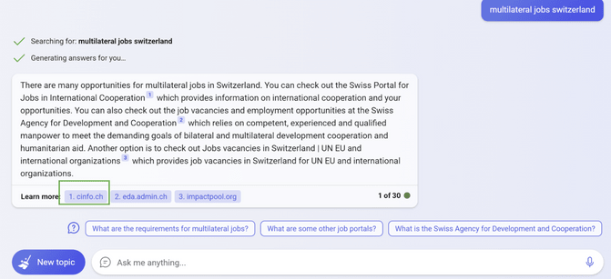 Bing Chatbot answering a question related to jobs in multilateral organisations