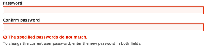 Screenshot of a password field highlighted in red with an error message below "The specified passwords do not match"