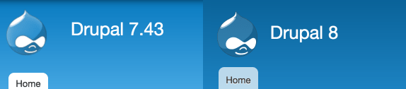 A screenshot that compares Bartik headers in Drupal 7.43 and Drupal 8
