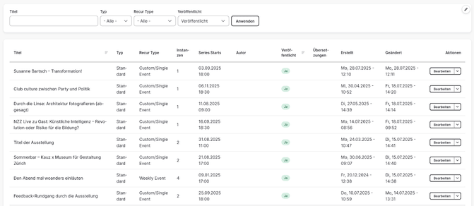 A screenshot of the event management UI of the Recurring Events Drupal module.