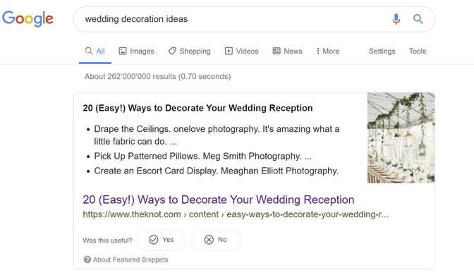 informational search query example with the keyword wedding decoration ideas