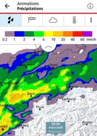 a screenshot from the Swiss meteo app showing the wednesday rain showers